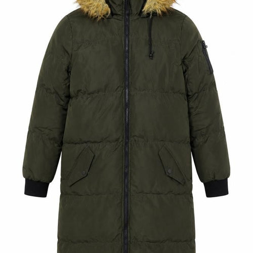 Brave Soul Womens Green Long Puffer Coat Hooded Faux Fur Size 8