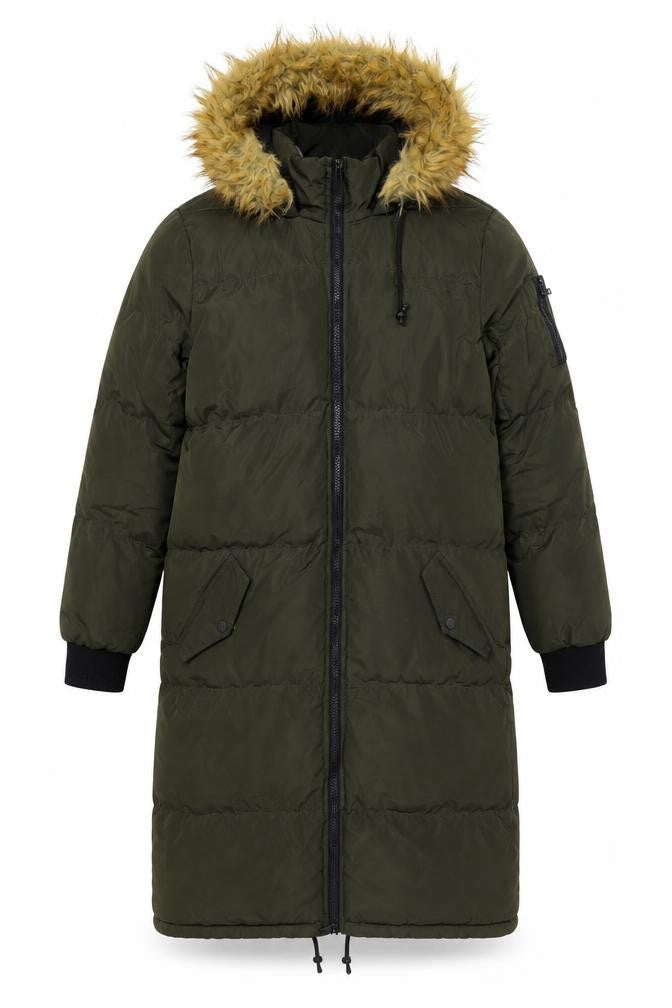 Brave Soul Womens Green Long Puffer Coat Hooded Faux Fur Size 8