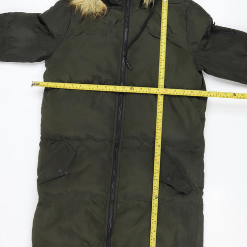 Brave Soul Womens Green Long Puffer Coat Hooded Faux Fur Size 8