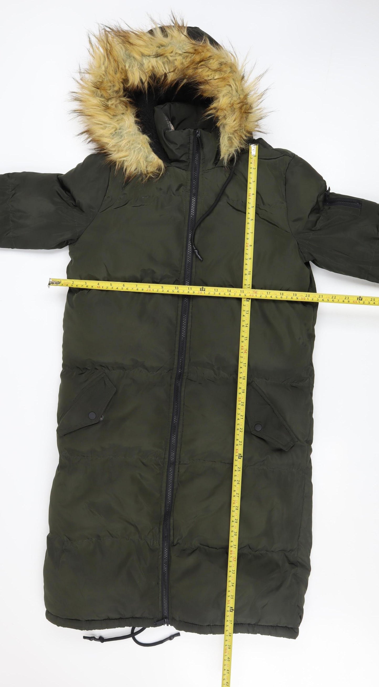 Brave Soul Womens Green Long Puffer Coat Hooded Faux Fur Size 8