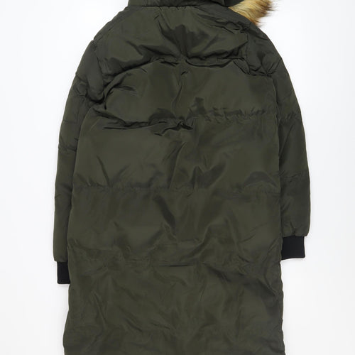 Brave Soul Womens Green Long Puffer Coat Hooded Faux Fur Size 8