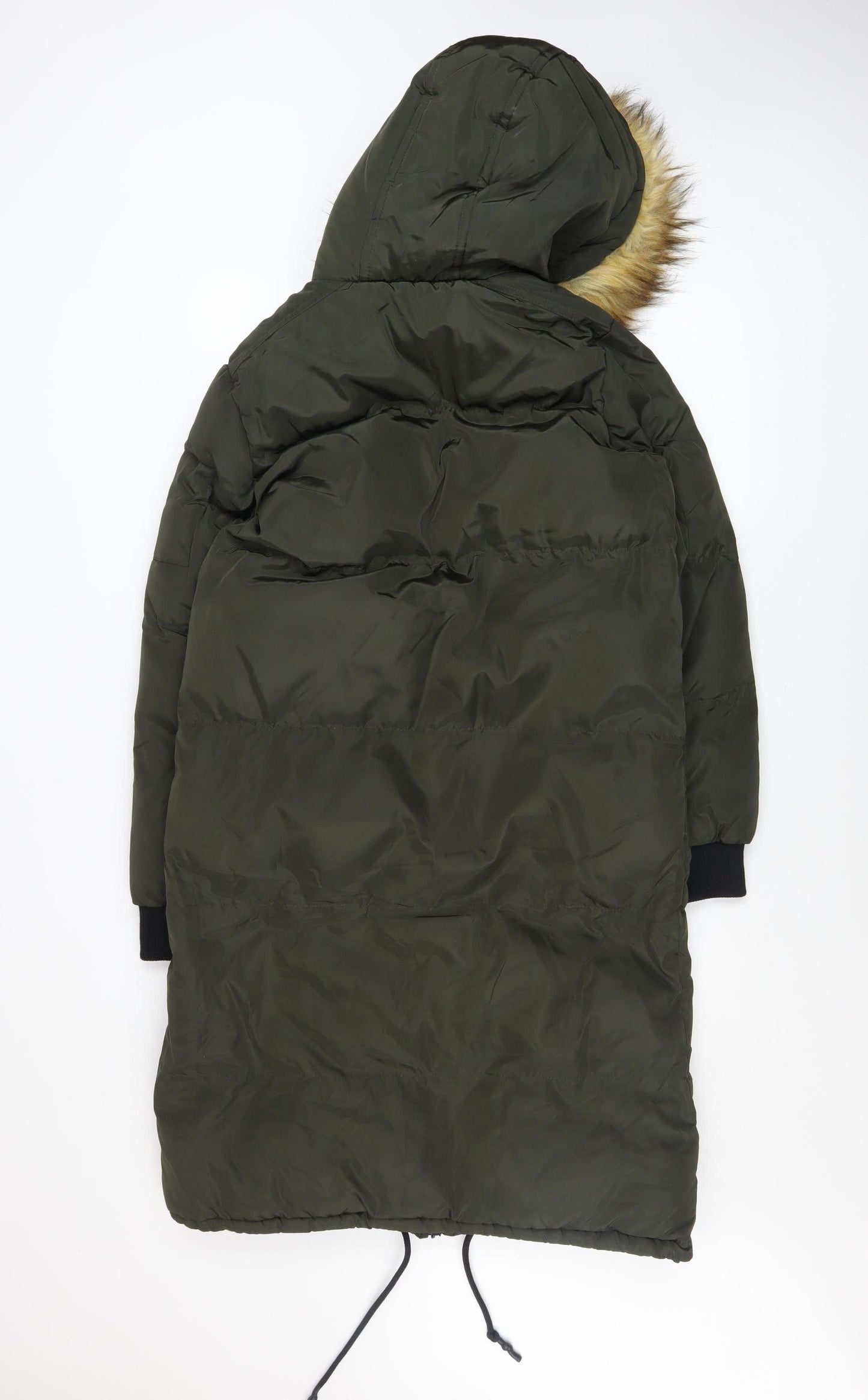 Brave Soul Womens Green Long Puffer Coat Hooded Faux Fur Size 8
