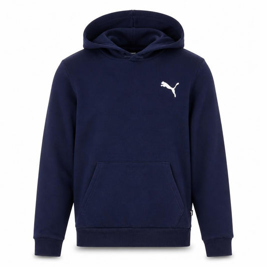 Front view of Puma Men's Blue Pullover Hoodie, size S, Regular Fit Logo Fleece
