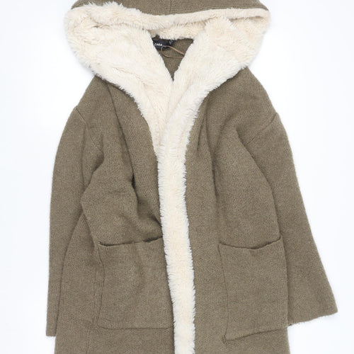 Zara Women Brown Hooded Faux Fur Trim Knit Cardigan Size 12