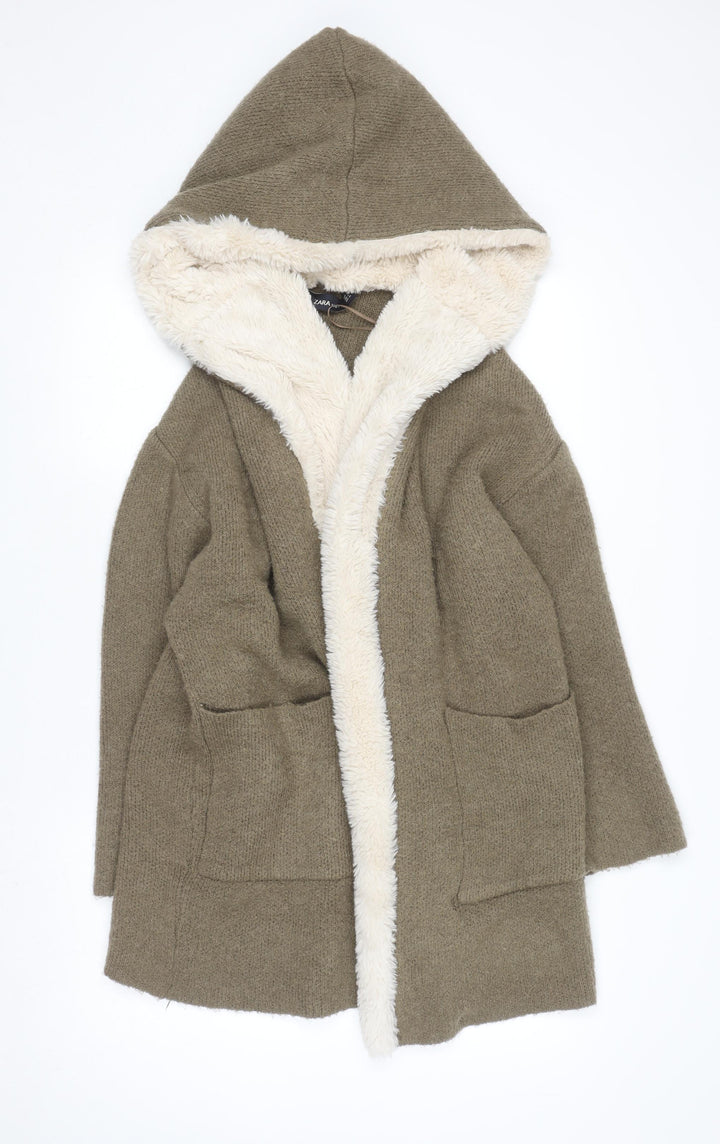 Zara Women Brown Hooded Faux Fur Trim Knit Cardigan Size 12