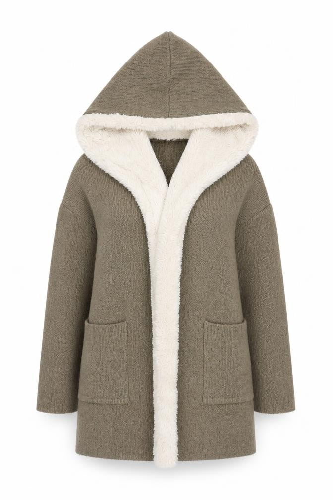 Zara Women Brown Hooded Faux Fur Trim Knit Cardigan Size 12