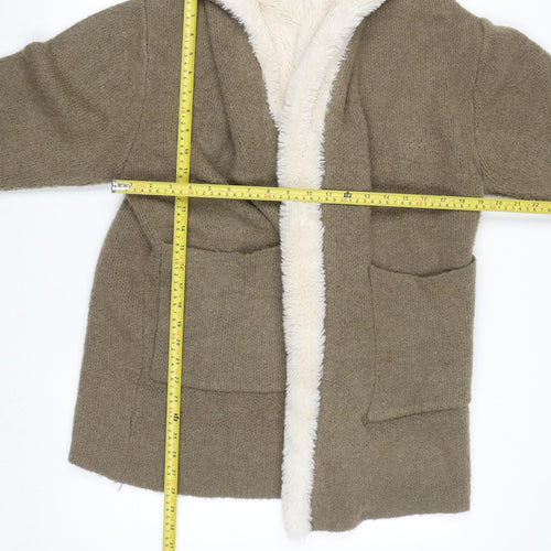 Zara Women Brown Hooded Faux Fur Trim Knit Cardigan Size 12