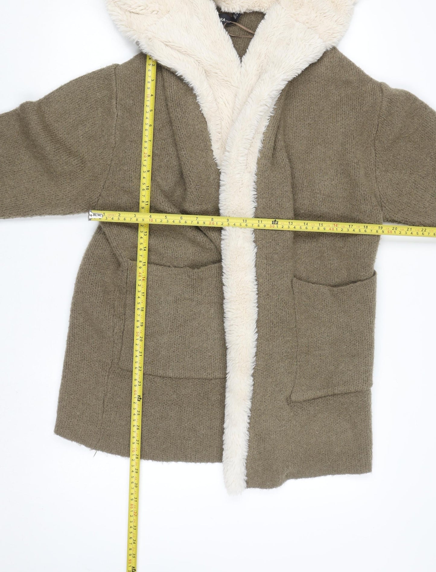 Zara Women Brown Hooded Faux Fur Trim Knit Cardigan Size 12