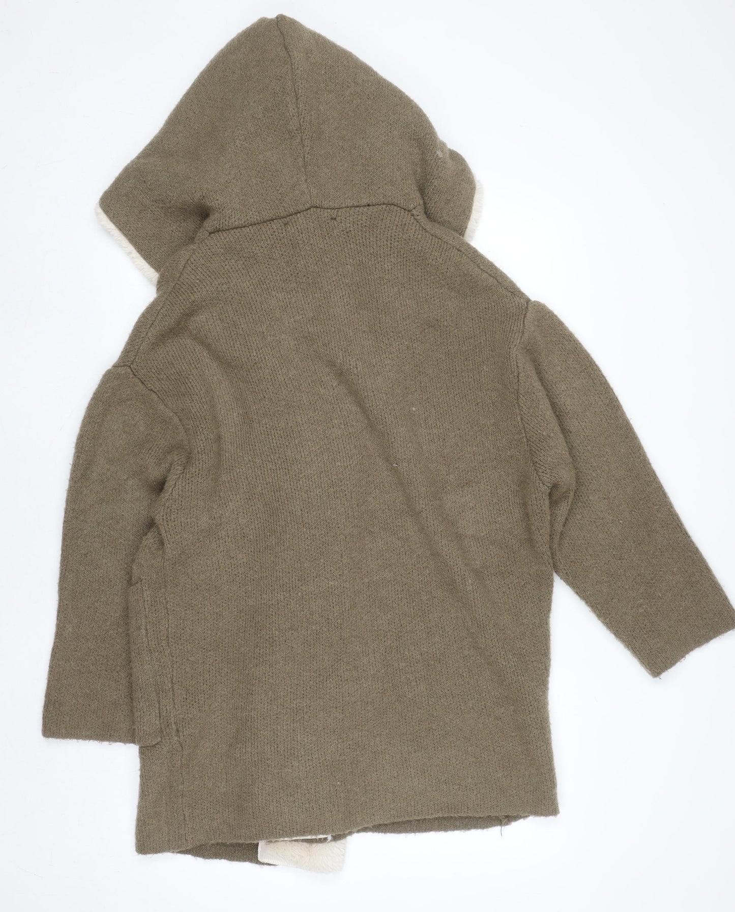 Zara Women Brown Hooded Faux Fur Trim Knit Cardigan Size 12