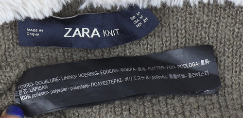Zara Women Brown Hooded Faux Fur Trim Knit Cardigan Size 12