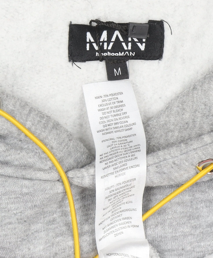 boohooMAN Men's Grey Pullover Hoodie M Logo Print Fleece Sweatshirt