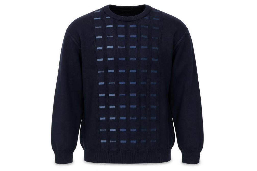Front view of Deer Park Men's Blue Wool Blend Geometric Knit jumper L