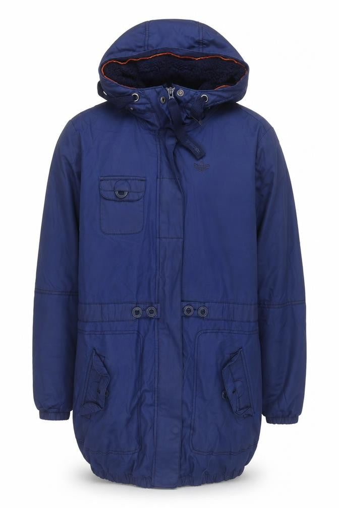 Front view of Adidas women’s blue hooded parka jacket, size UK 36, lined cotton blend