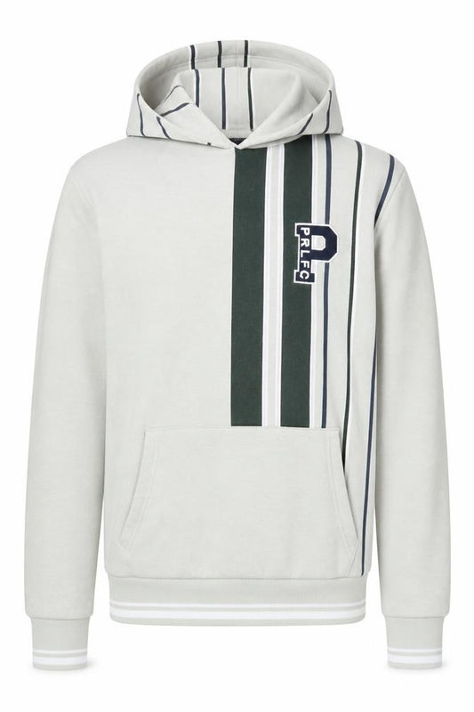 Front view of River Island Men's Grey Striped Pullover Hoodie, size M