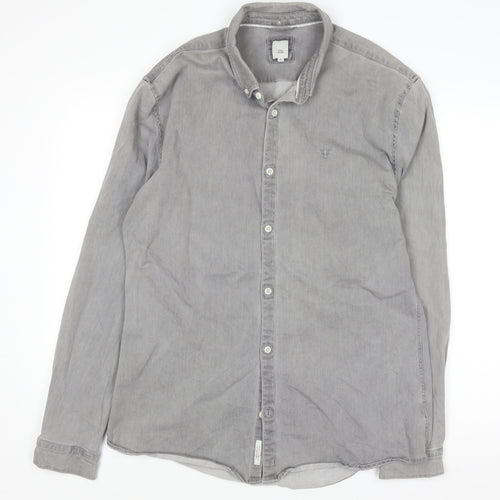 River Island Men's Grey Cotton Blend Long Sleeve Button-Up Shirt XL