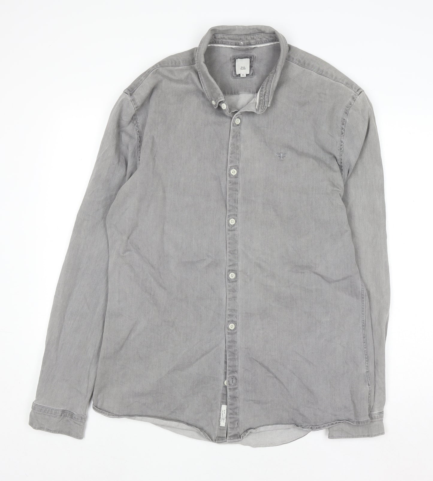 River Island Men's Grey Cotton Blend Long Sleeve Button-Up Shirt XL