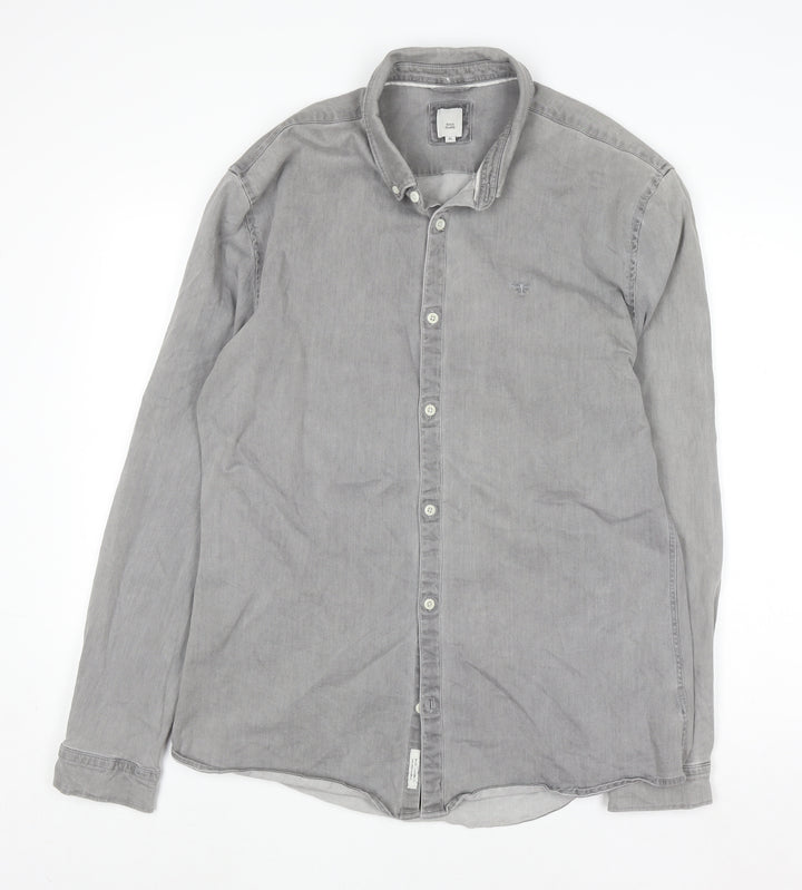 River Island Men's Grey Cotton Blend Long Sleeve Button-Up Shirt XL