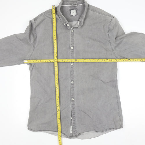 River Island Men's Grey Cotton Blend Long Sleeve Button-Up Shirt XL