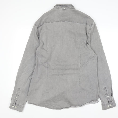 River Island Men's Grey Cotton Blend Long Sleeve Button-Up Shirt XL