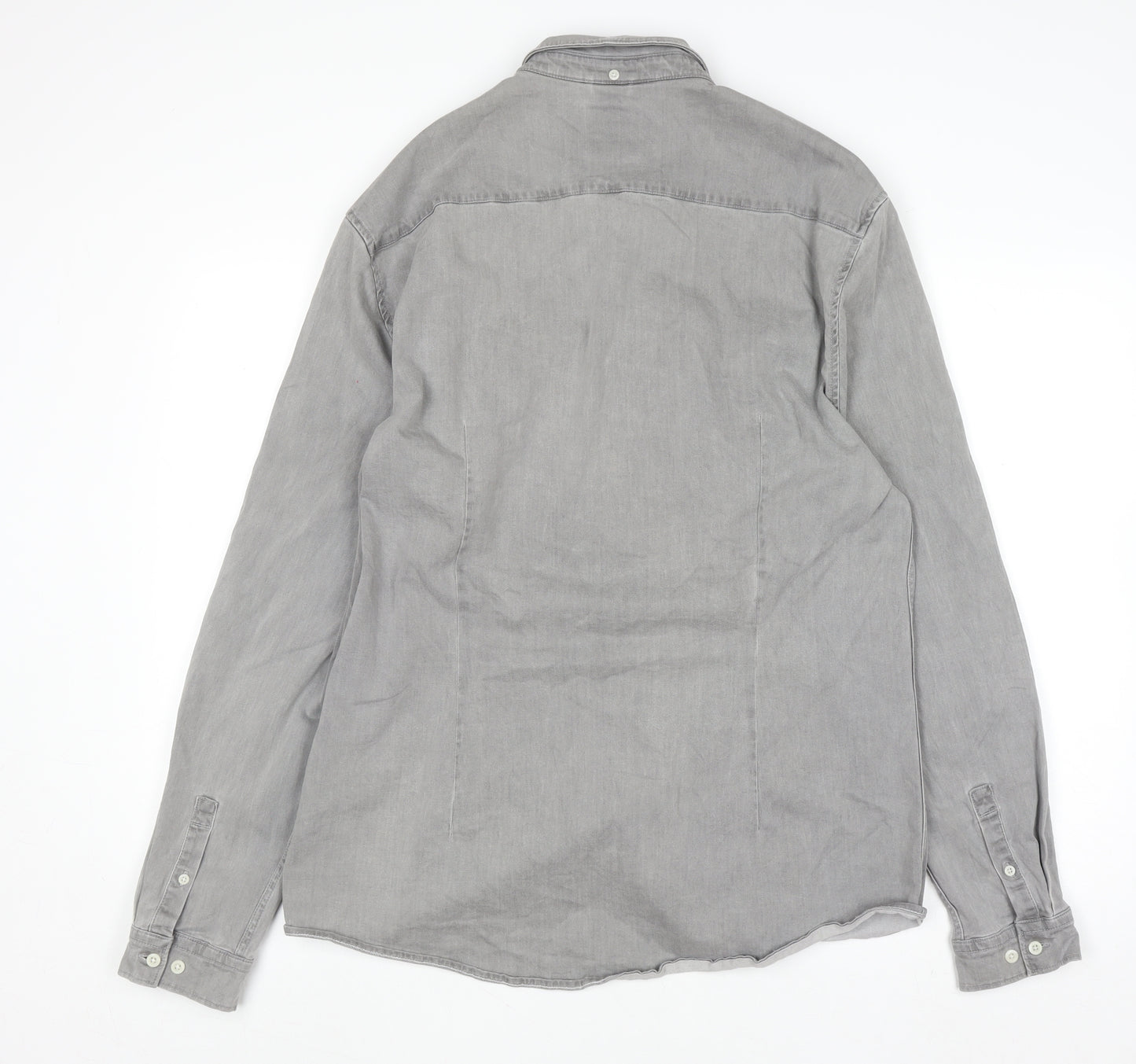River Island Men's Grey Cotton Blend Long Sleeve Button-Up Shirt XL