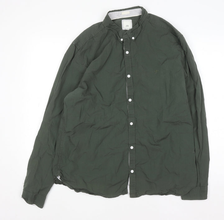 River Island Men's Green Cotton Long Sleeve Button-Up Shirt XL