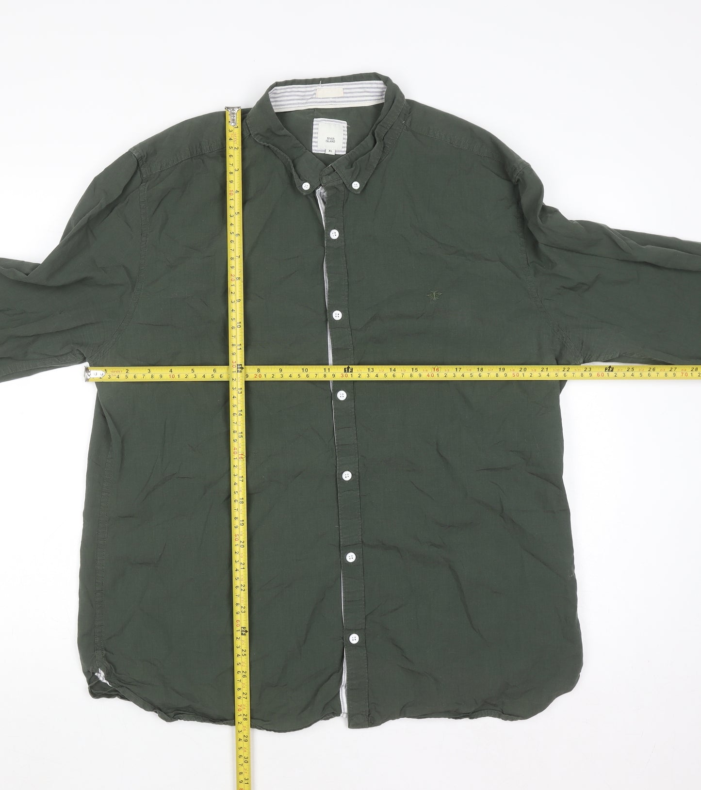 River Island Men's Green Cotton Long Sleeve Button-Up Shirt XL