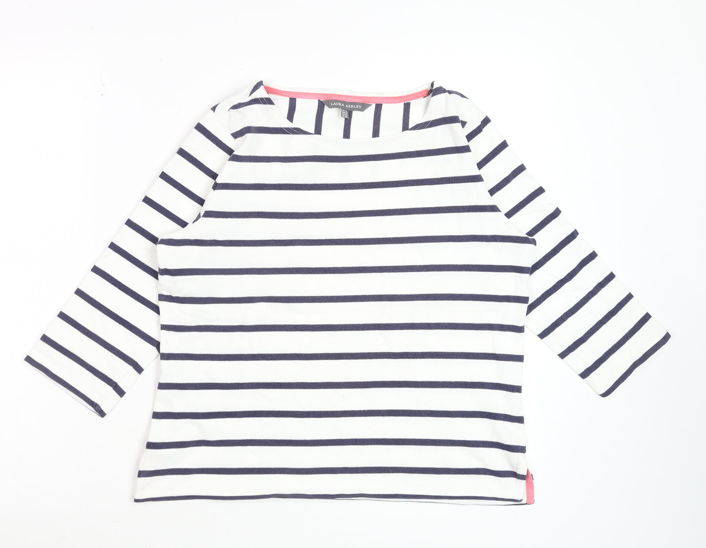 Laura Ashley Womens White Navy Striped 3/4 Sleeve Cotton Top UK 12