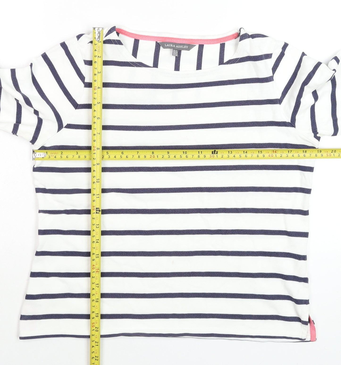 Laura Ashley Womens White Navy Striped 3/4 Sleeve Cotton Top UK 12