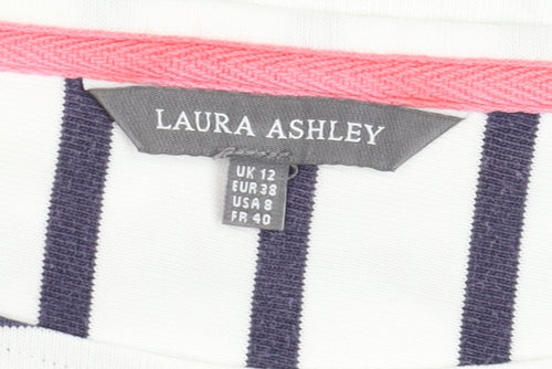 Laura Ashley Womens White Navy Striped 3/4 Sleeve Cotton Top UK 12