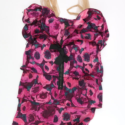 H&M Women Multicoloured Size 8 Silk Floral Ruffle Bodycon Dress