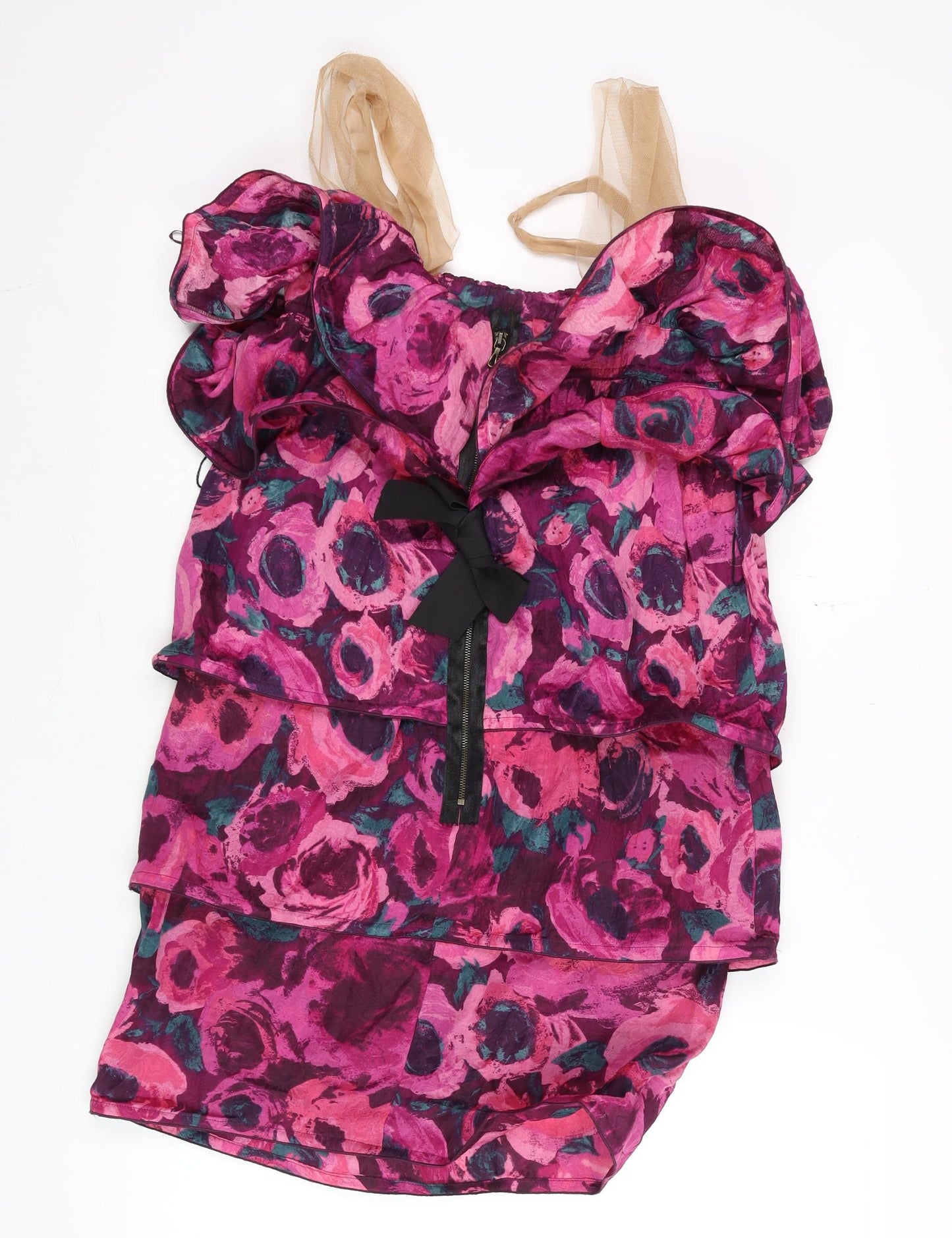 H&M Women Multicoloured Size 8 Silk Floral Ruffle Bodycon Dress