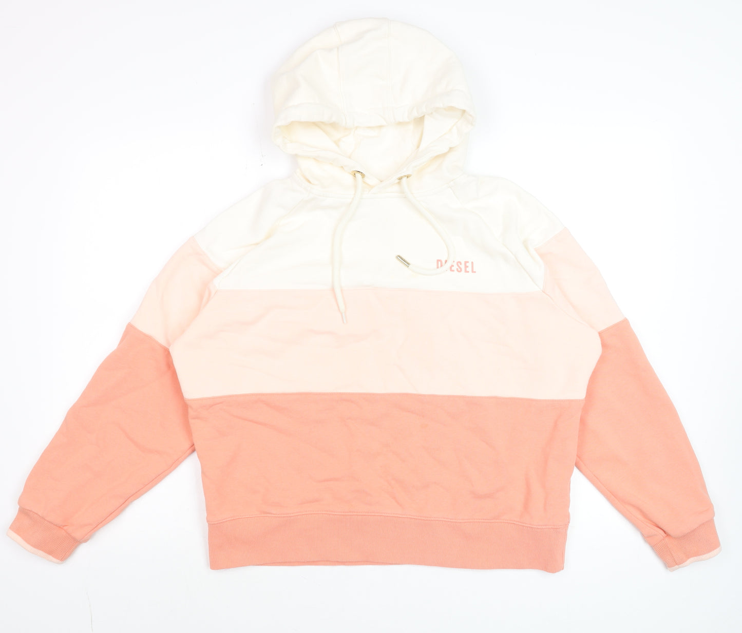 Diesel Womens Peach Colourblock Hoodie Size L Cotton Pullover