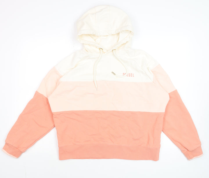 Diesel Womens Peach Colourblock Hoodie Size L Cotton Pullover