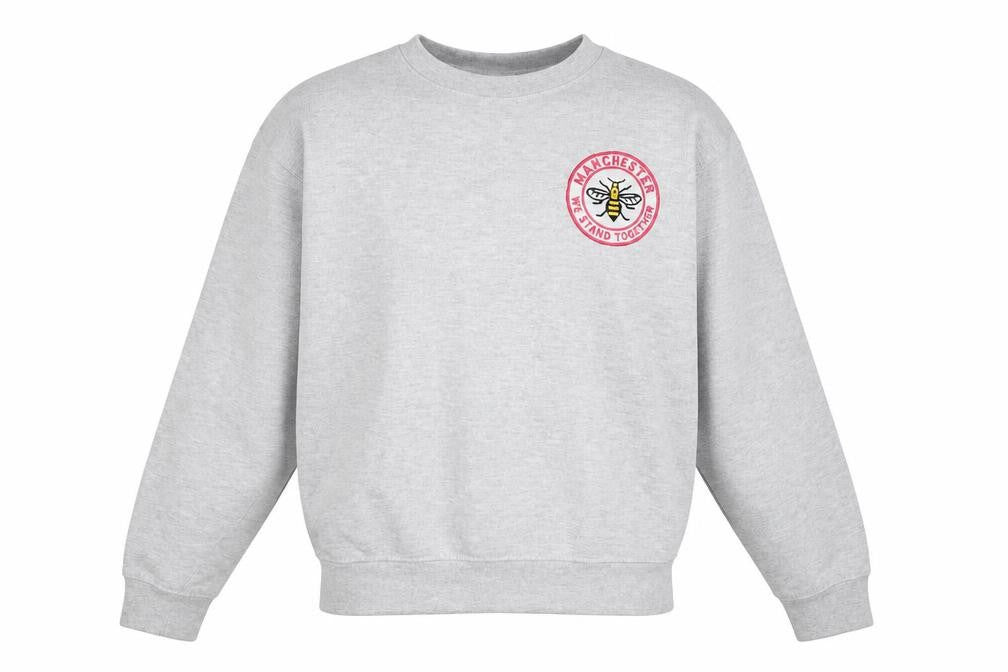 Front view of Manchester Souvenirs Grey Sweatshirt Men S Crew Neck Pullover Bee Logo