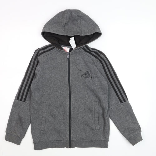 Adidas Boys Grey Full Zip Hoodie 11-12 Years Sporty Cotton Blend
