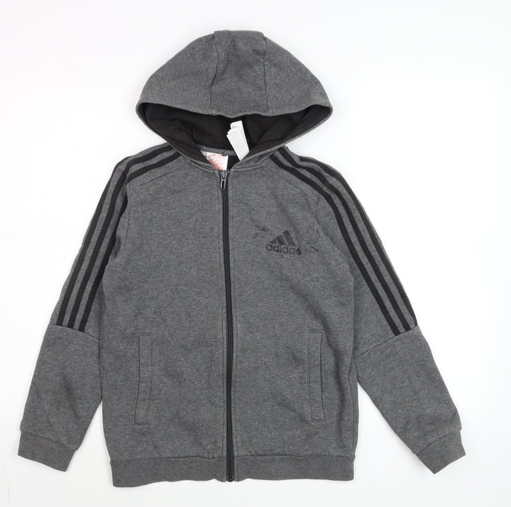 Adidas Boys Grey Full Zip Hoodie 11-12 Years Sporty Cotton Blend