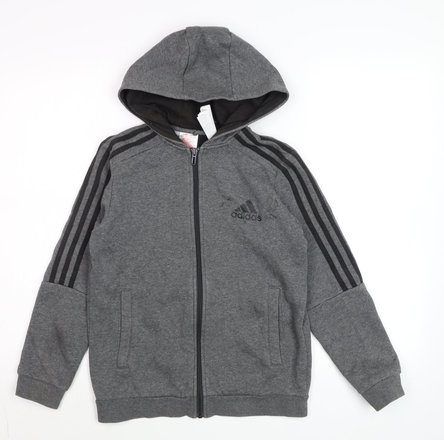 Adidas Boys Grey Full Zip Hoodie 11-12 Years Sporty Cotton Blend