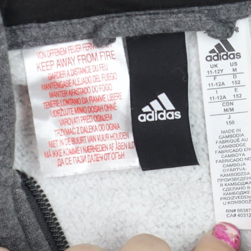 Adidas Boys Grey Full Zip Hoodie 11-12 Years Sporty Cotton Blend