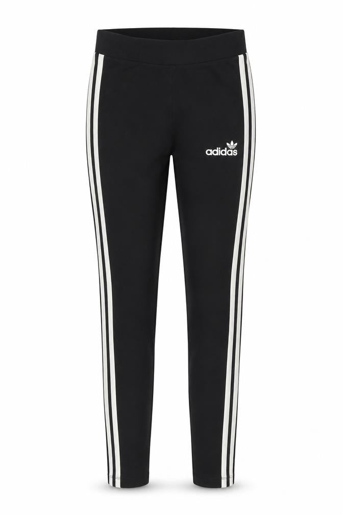 Front view of Adidas women’s black, size UK 8 slim, fit 3-stripes leggings