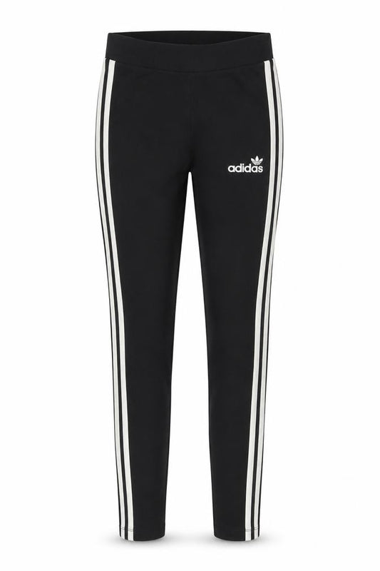 Front view of Adidas women’s black, size UK 8 slim, fit 3-stripes leggings