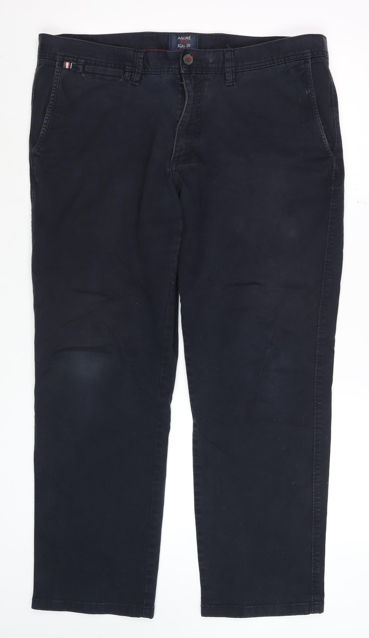 André Men's Black Chino Trousers 38S Classic Fit Stretch Cotton