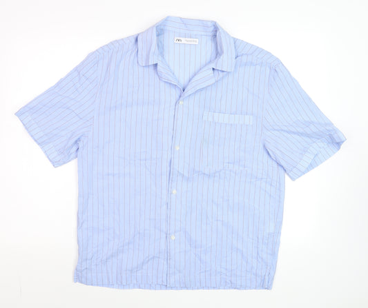 Zara Men Blue Striped Casual Short Sleeve Cotton Dress Shirt Size M