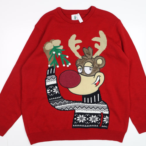George Men Red Reindeer Christmas Jumper 2XL Crew Neck Knit