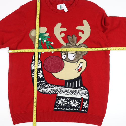 George Men Red Reindeer Christmas Jumper 2XL Crew Neck Knit
