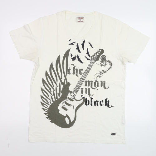 Jack & Jones Men White V-Neck Music Graphic Print T-Shirt Size M