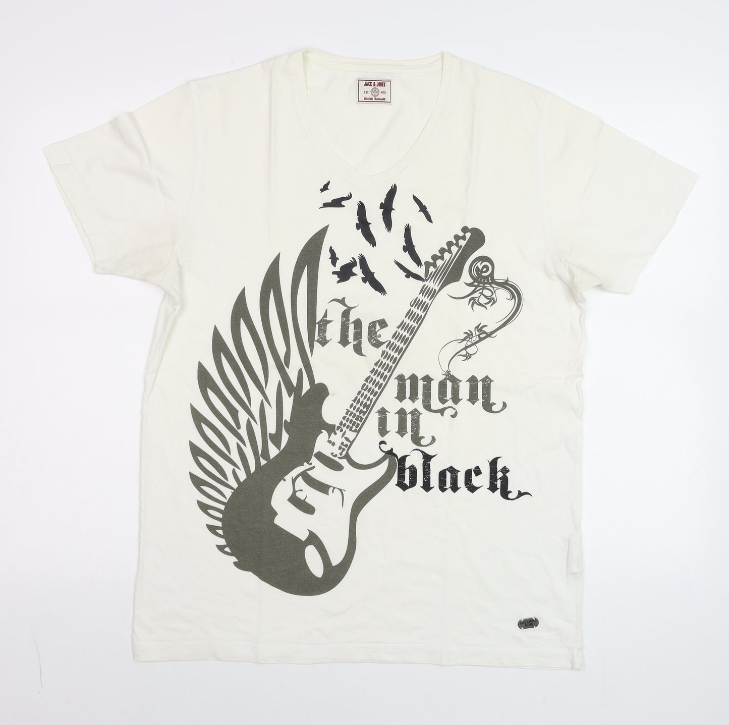 Jack & Jones Men White V-Neck Music Graphic Print T-Shirt Size M