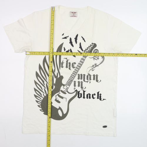 Jack & Jones Men White V-Neck Music Graphic Print T-Shirt Size M