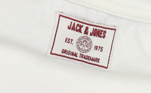 Jack & Jones Men White V-Neck Music Graphic Print T-Shirt Size M