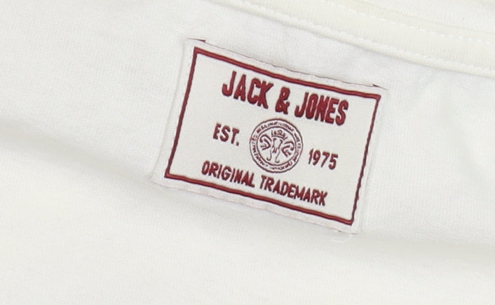 Jack & Jones Men White V-Neck Music Graphic Print T-Shirt Size M