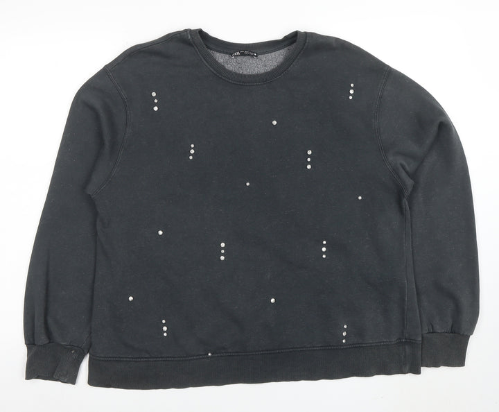 Zara Women Black Studded Pullover Sweatshirt Size M Cotton Blend